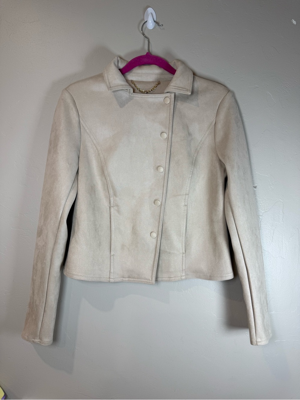 Joie beige suede cropped jacket with an asymmetrical button closure